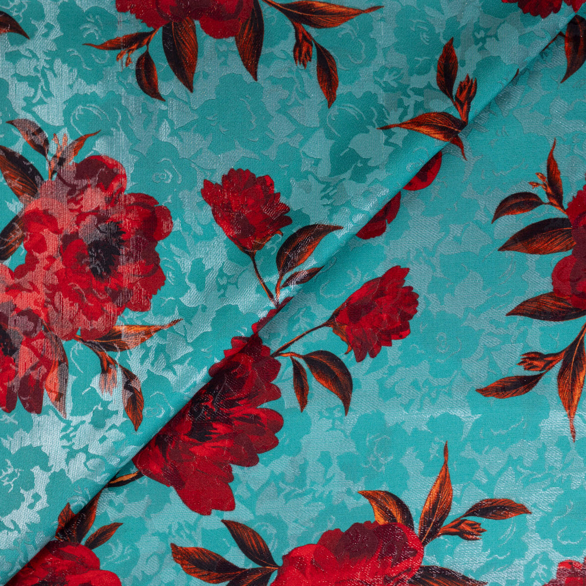 Satin de soie & lurex jacquard imprimé – Fleurs rouges sur turquoise