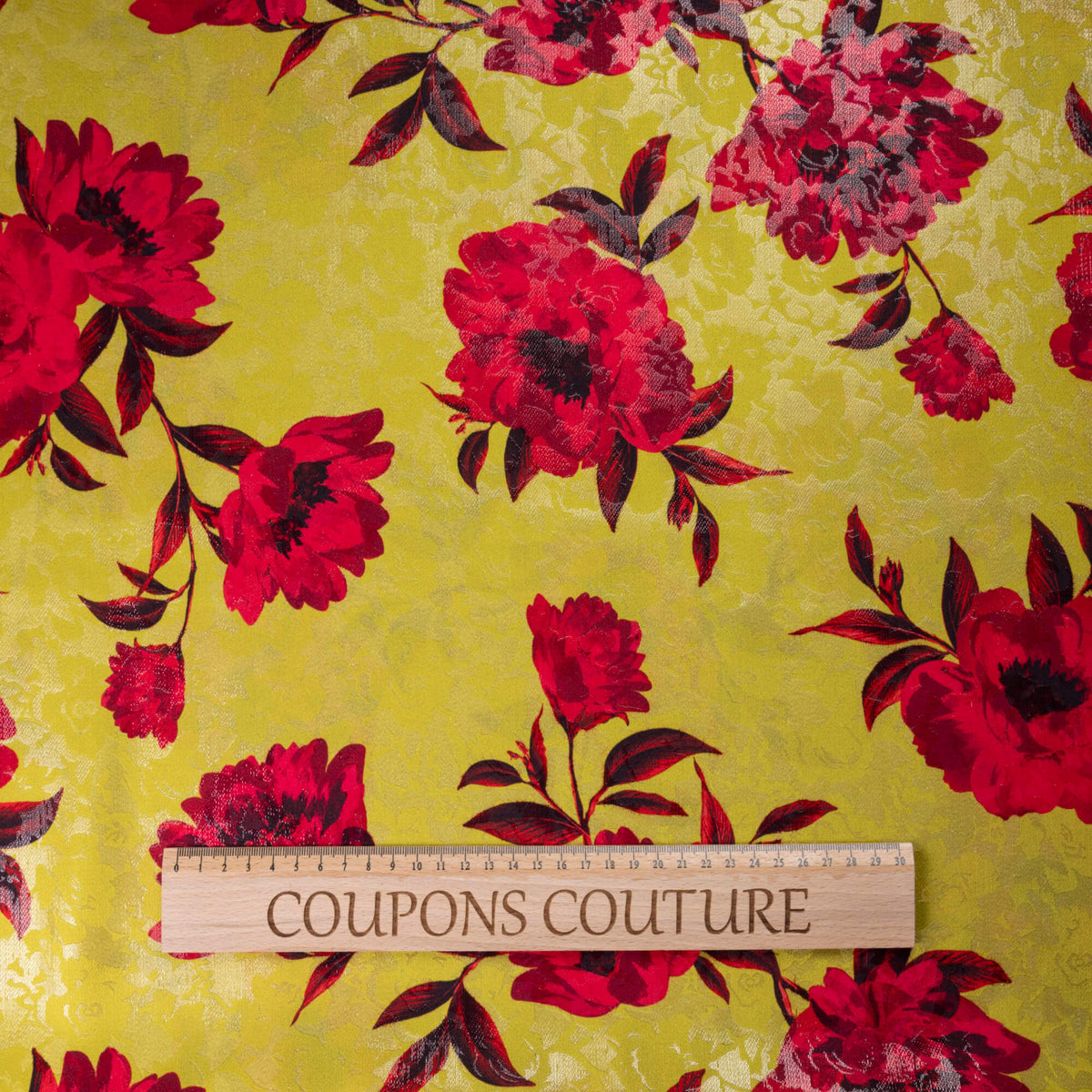 Satin de soie & lurex jacquard imprimé – Fleurs rouges sur jaune anis