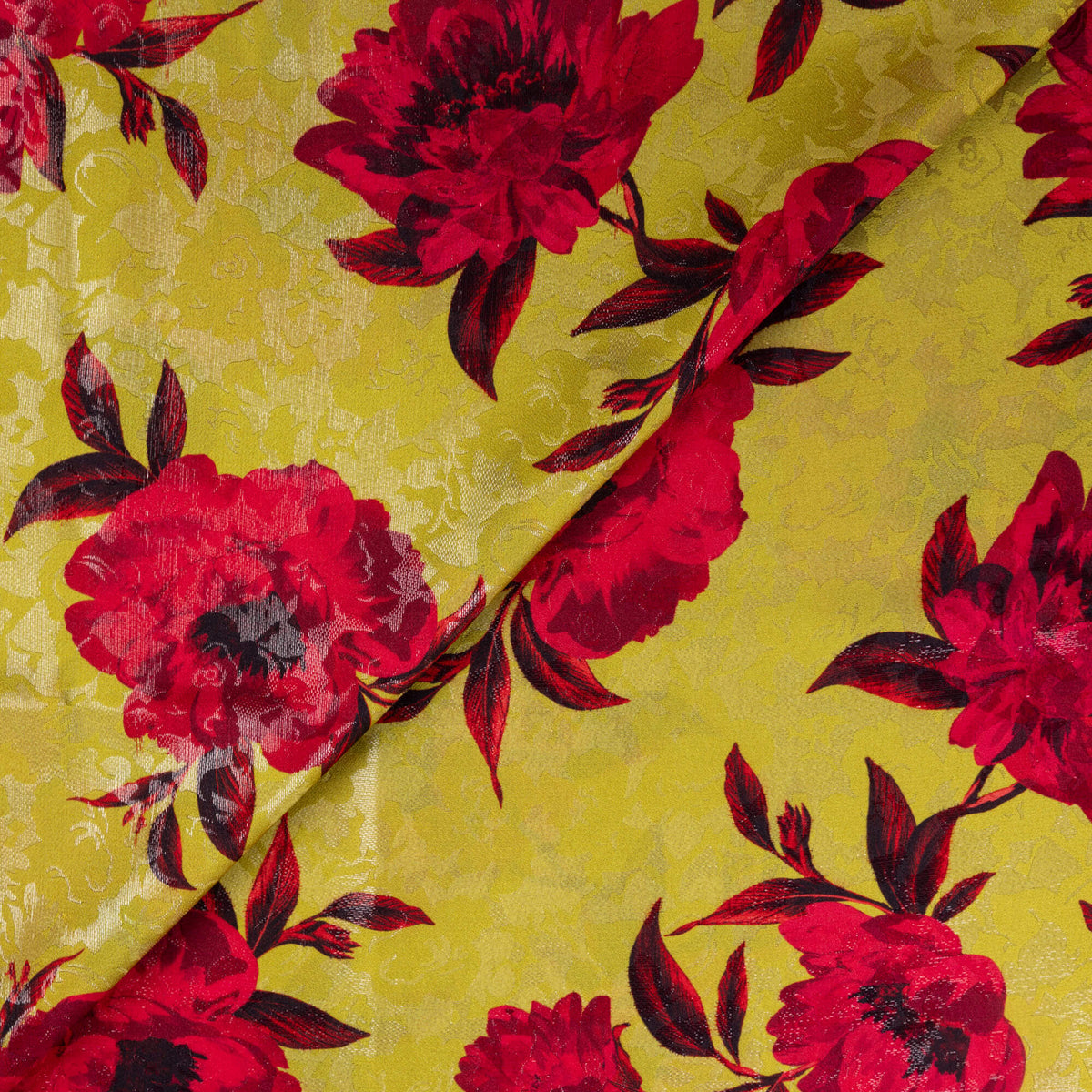 Satin de soie & lurex jacquard imprimé – Fleurs rouges sur jaune anis