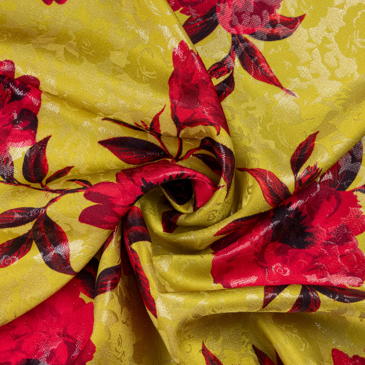 Satin de soie & lurex jacquard imprimé – Fleurs rouges sur jaune anis
