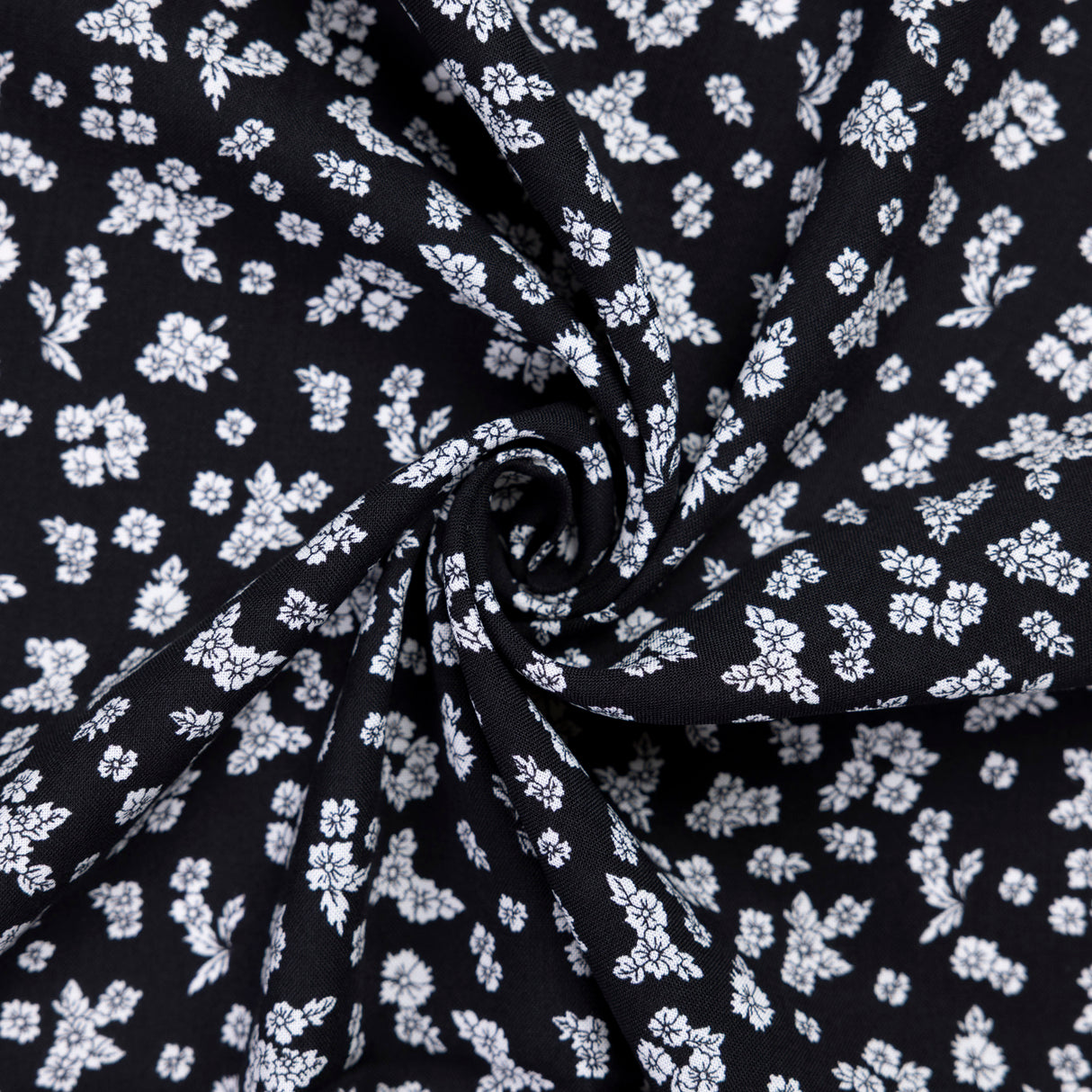 Étoffe 100% viscose – Fleurs blanches fond noir