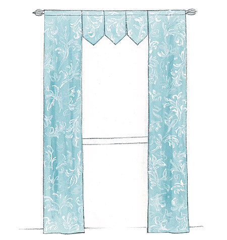 Rideau bleu à motifs floraux, ornant une grande fenêtre avec tenture et franges en haut.