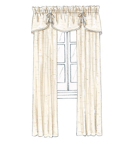 Rideau beige à œillets avec valance, fenêtre centrale vue en dessin.
