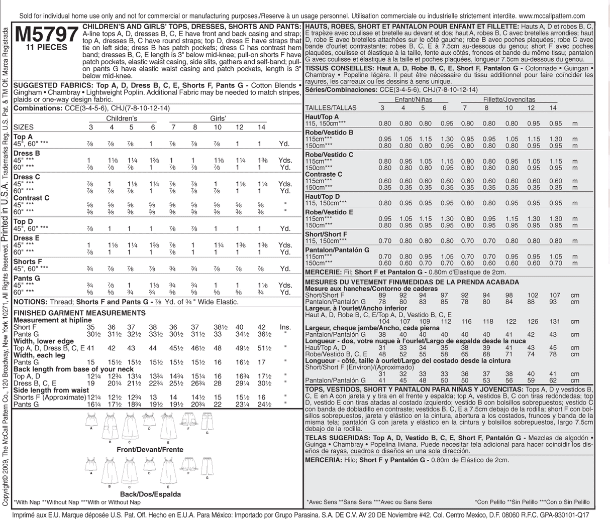 Patron McCall's n°5797 – Hauts, robes, shorts et pantalons pour enfants