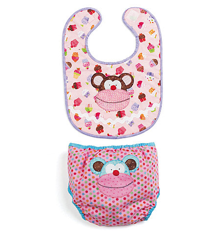 Bavoir et couche lavable en coton à motifs monstre rose: front tissé et marquage panda, bavoir avec décoration cupcake; pantalon imperméable à pois multicolores.