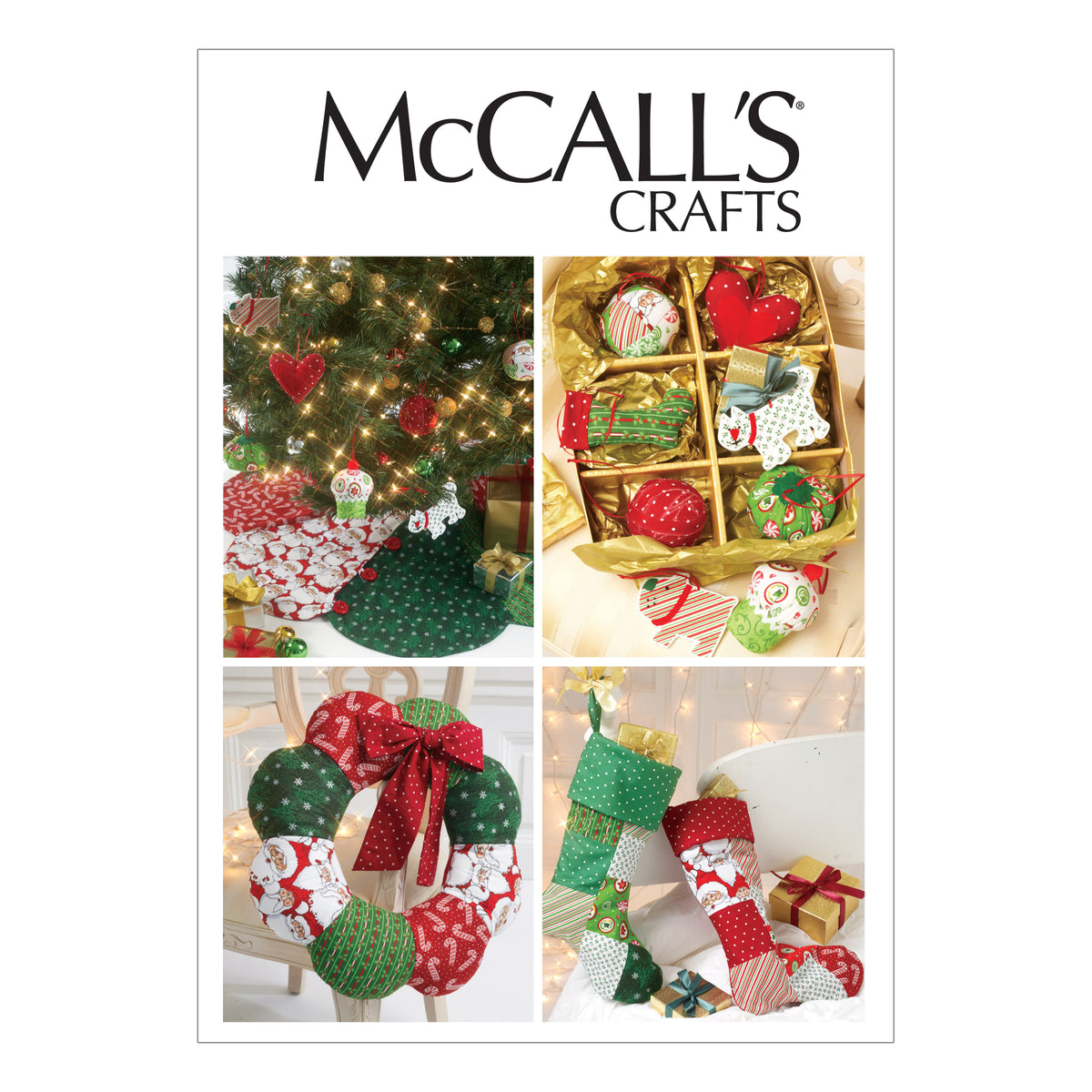 Décorations de Noël McCall’s Crafts: arbres et guirlandes lumineuses, assortiment de décorations et cadeaux festifs en rouge, vert et blanc.