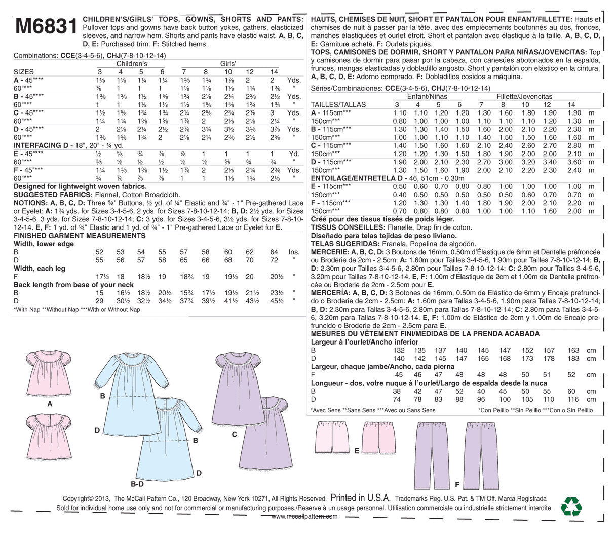 Patron McCall's n°6831 – Hauts, chemises de nuit, short et pantalon