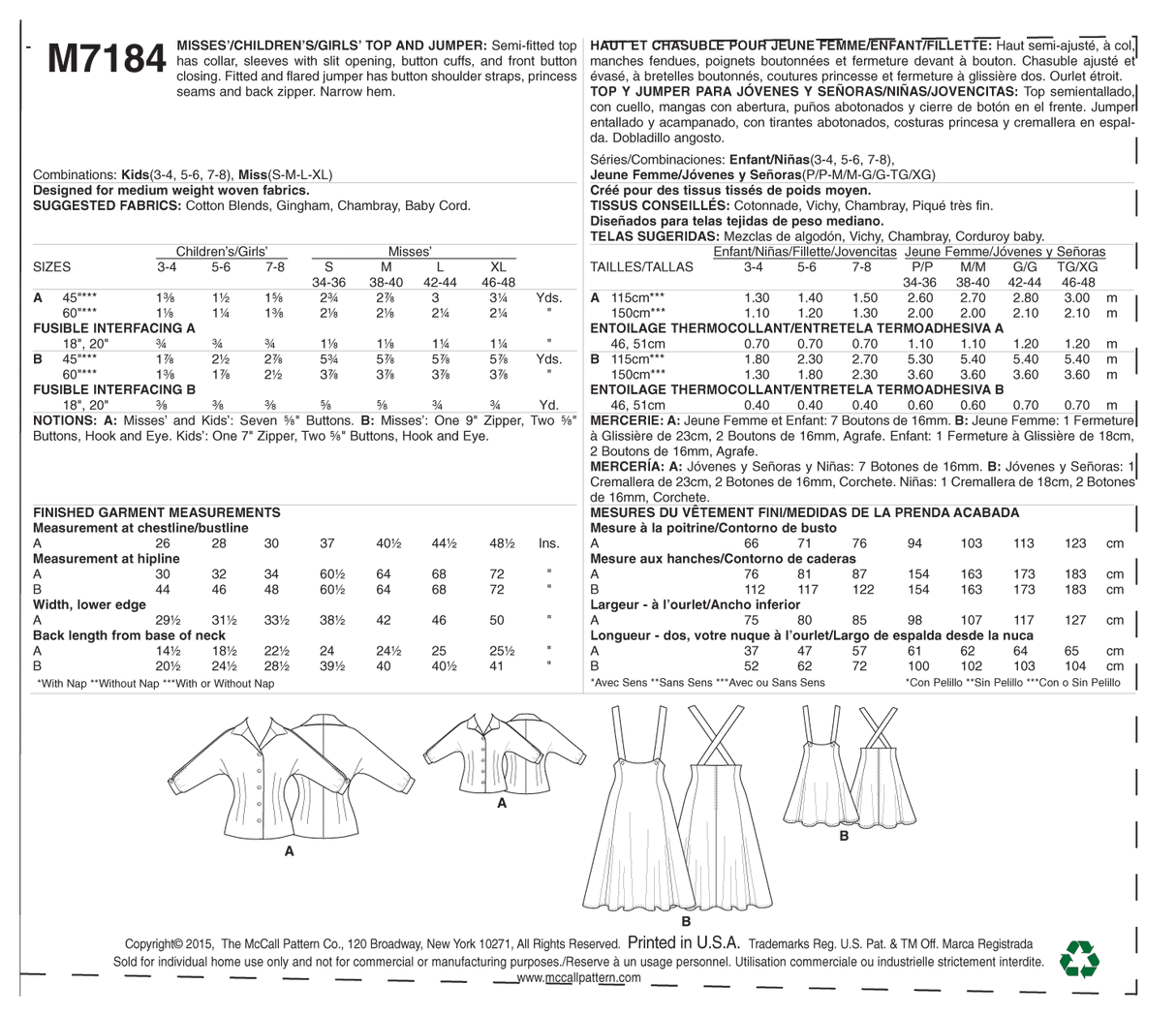 Patron McCall's n°7184 – Haut et chasuble