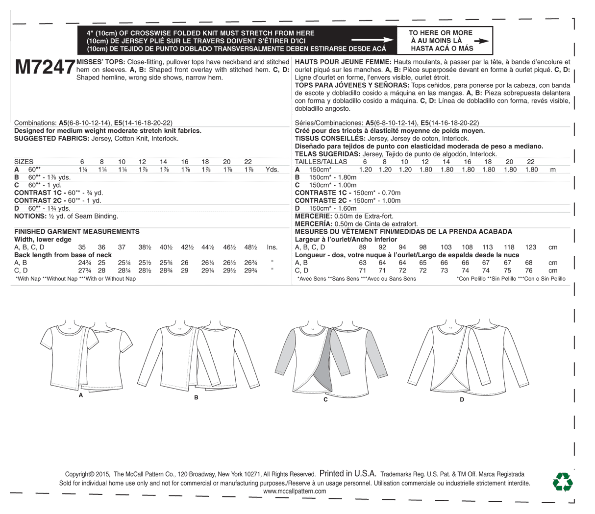 Patron McCall's n°7247 – Hauts ajustés à encolure ronde