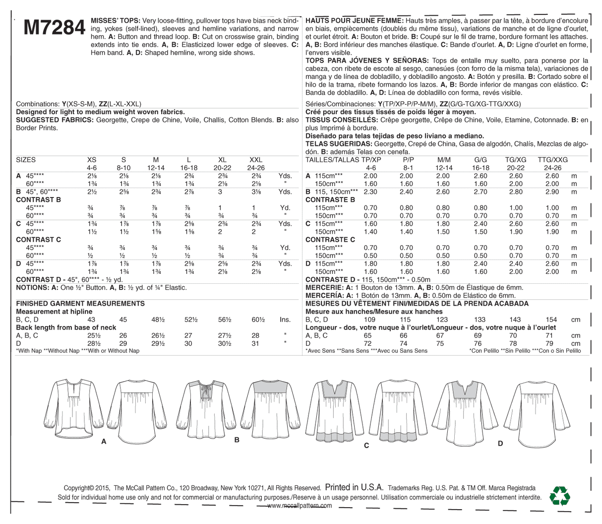 Patron McCall's n°7284 – Hauts à encolure en V ou à découpe clé