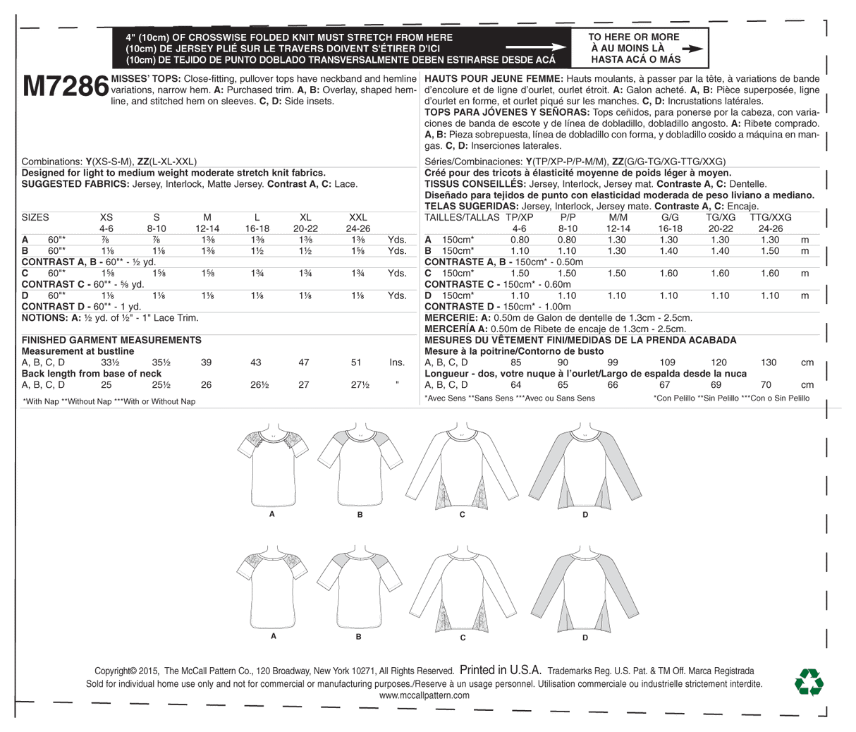 Patron McCall's n°7286 – Hauts ajustés à encolure variée