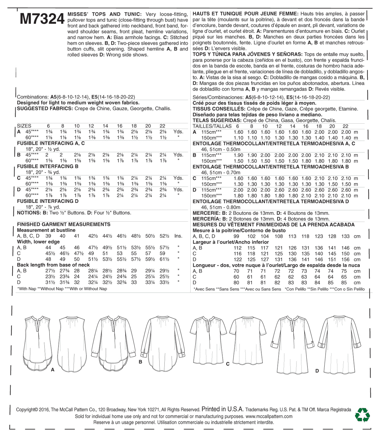 Patron McCall's n°7324 – Hauts et tuniques à demi-patte de boutonnage