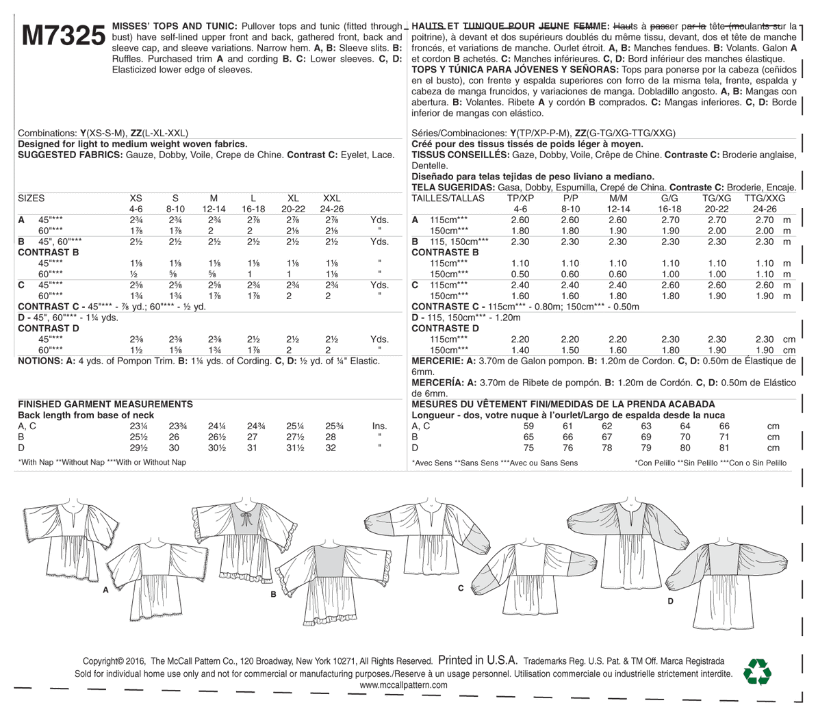 Patron McCall's n°7325 – Hauts et tuniques à fronces