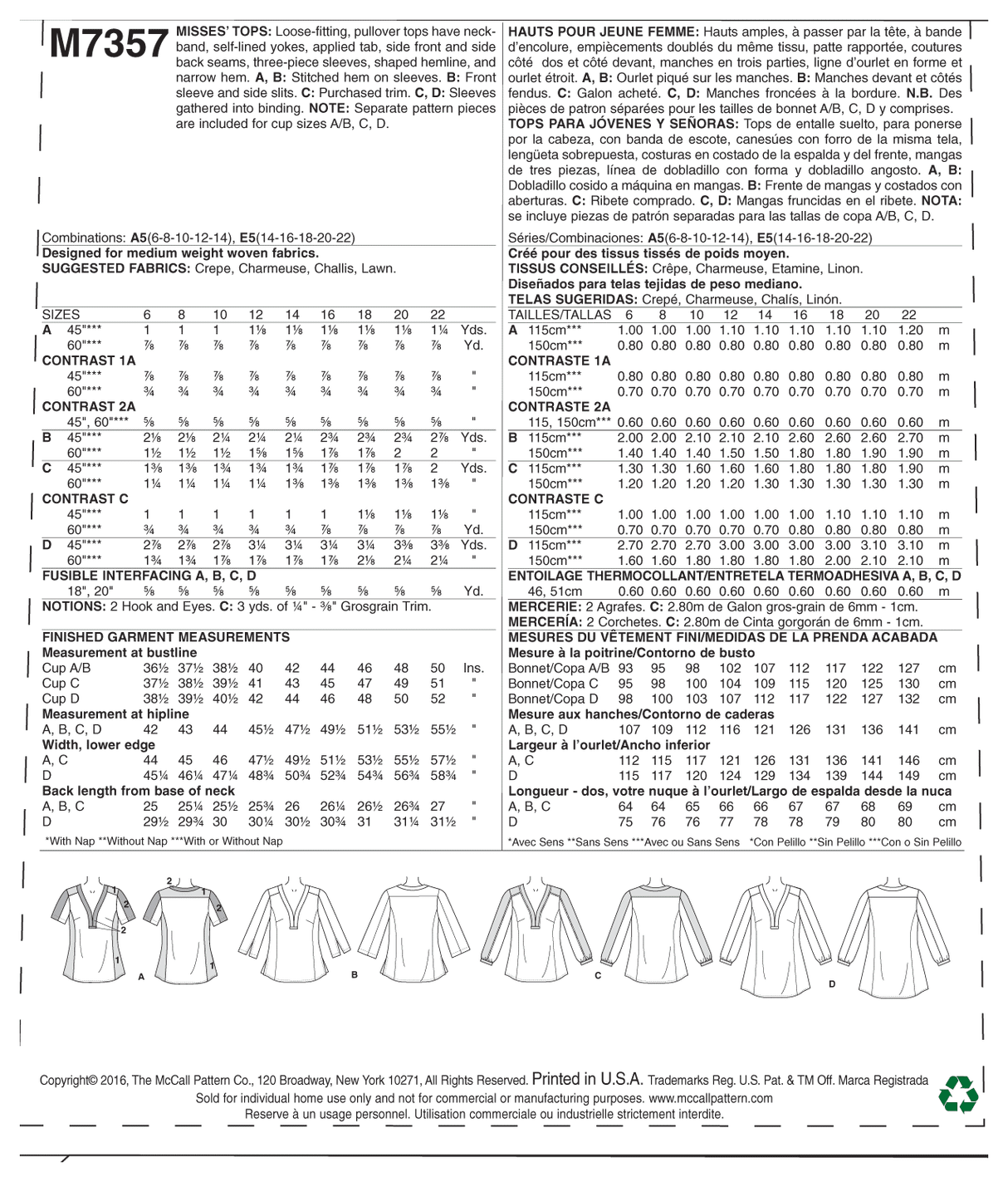 Patron McCall's n°7357 – Hauts élégants pour femme
