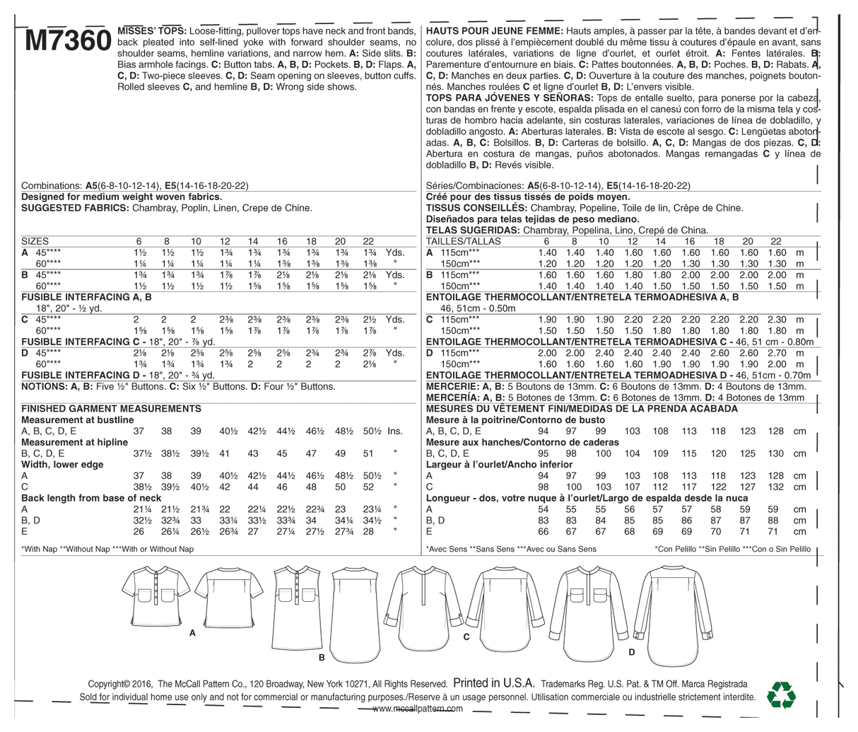 Patron McCall's n°7360 – Hauts élégants pour femme