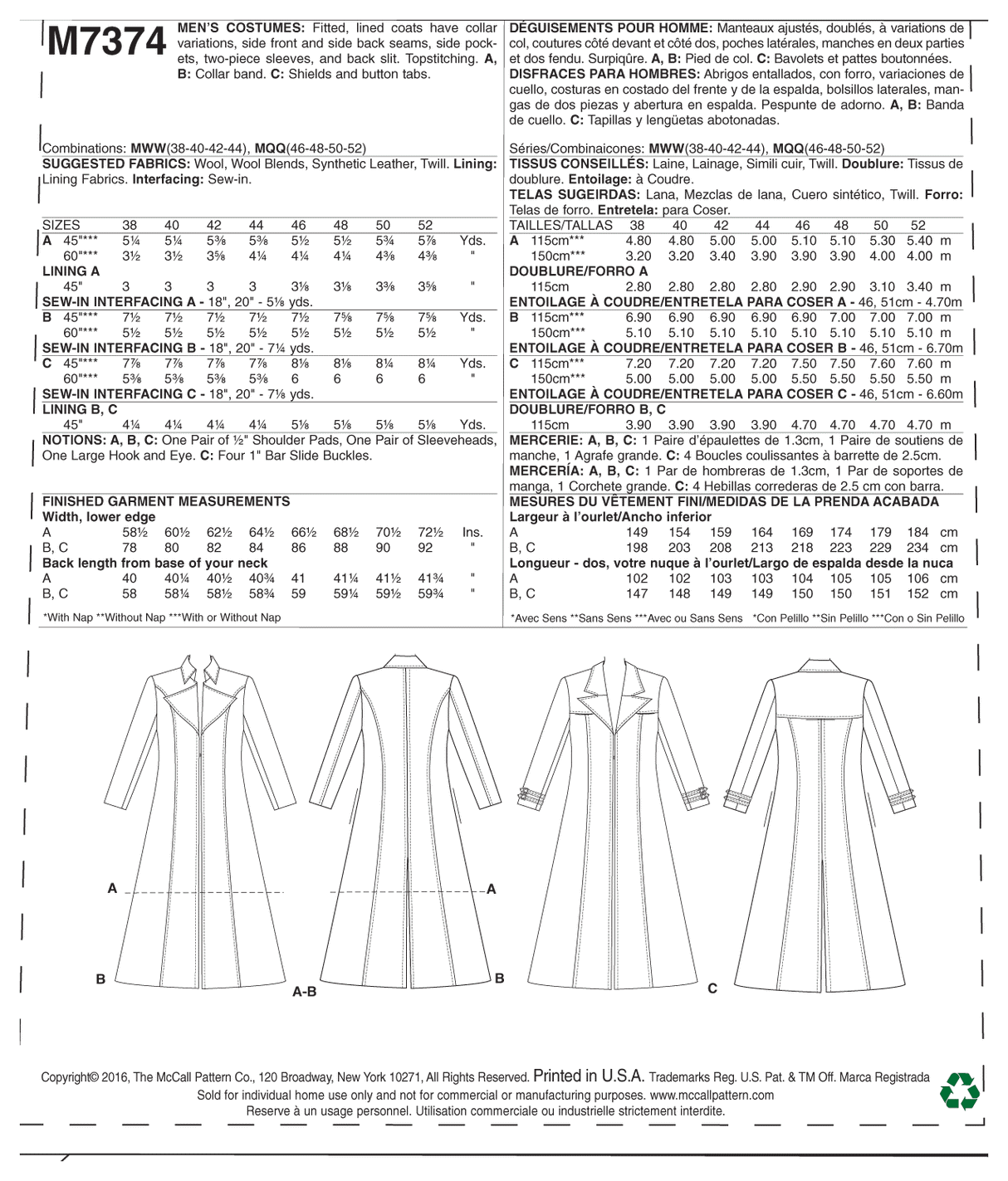 Patron McCall's n°7374 – Manteau ajusté pour homme