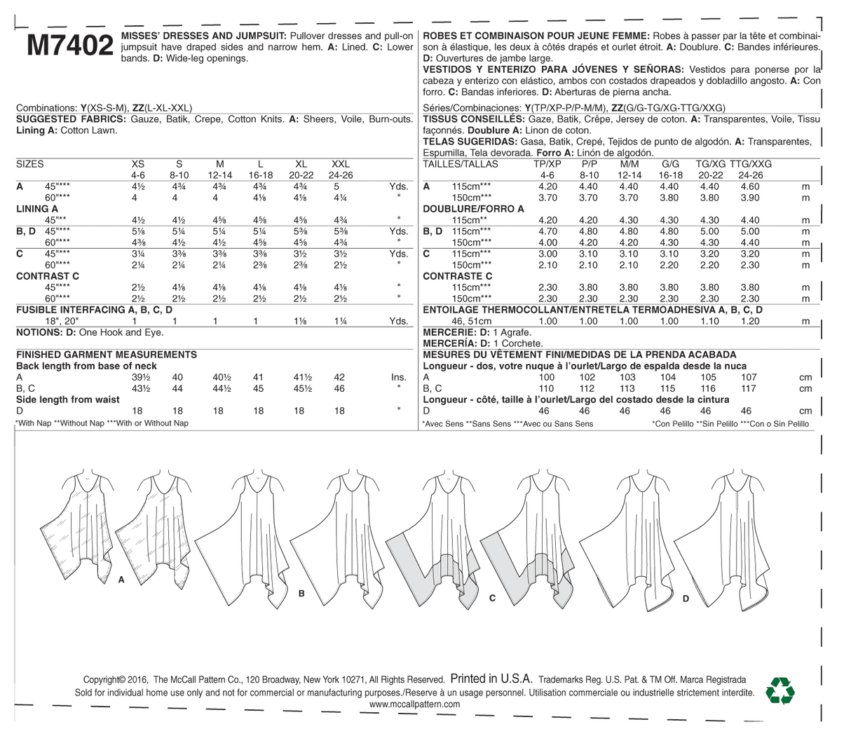 Patron McCall's n°7402 – Robes et combinaisons élégantes pour femme