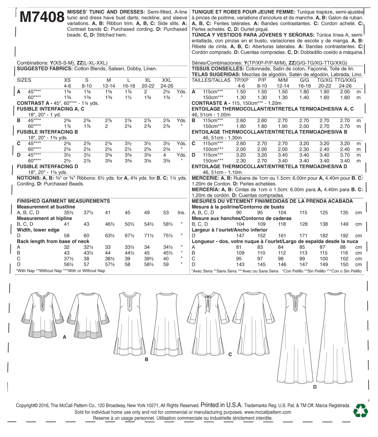 Patron McCall's n°7408 – Tuniques et robes élégantes pour femme