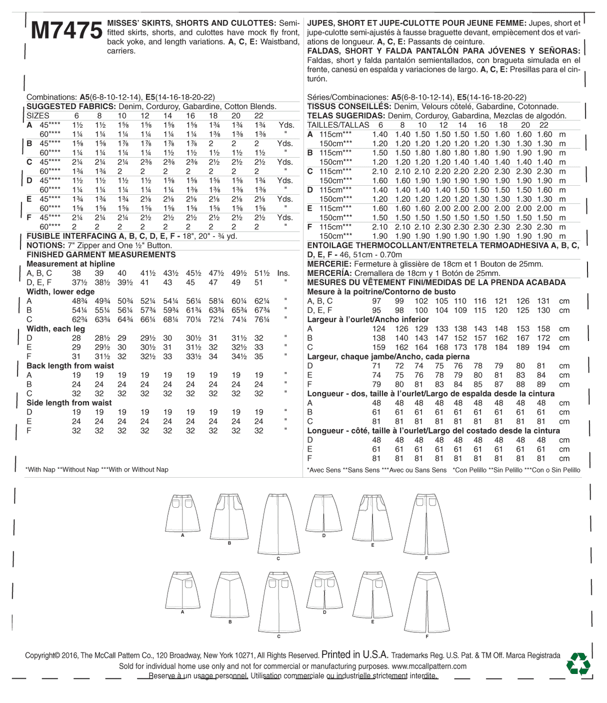 Patron McCall's n°7475 – Jupes, shorts et jupes-culottes pour femme