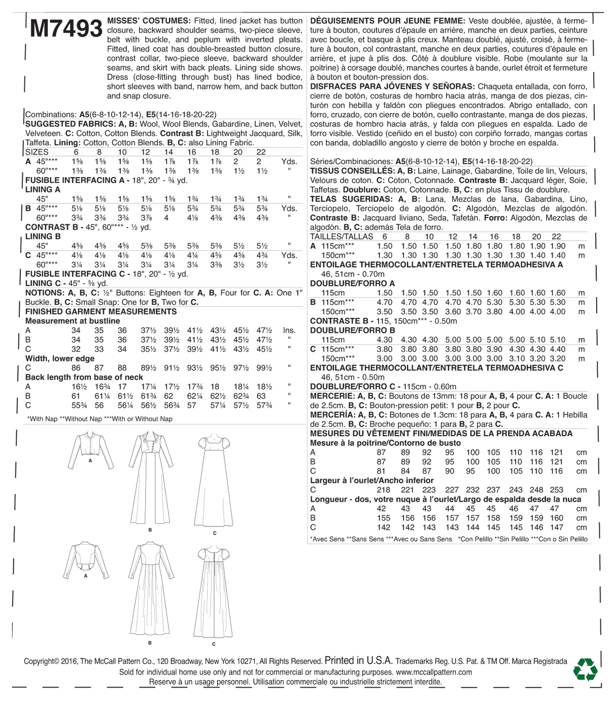 Patron McCall's n°7493 – Veste courte, manteau long et robe à encolure carrée
