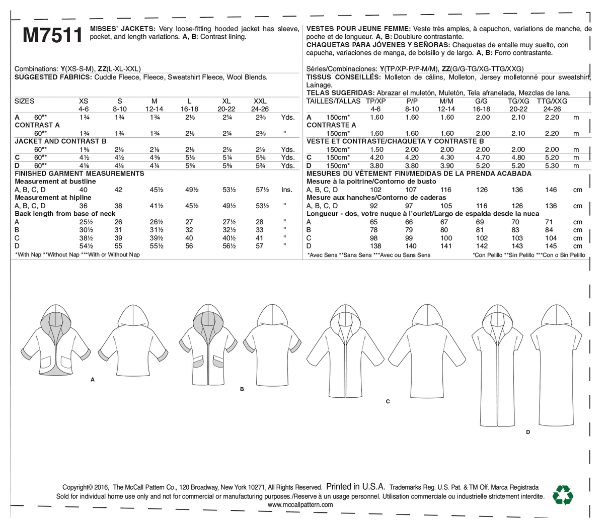 Patron McCall's n°7511 – Vestes ouvertes avec col châle et capuche