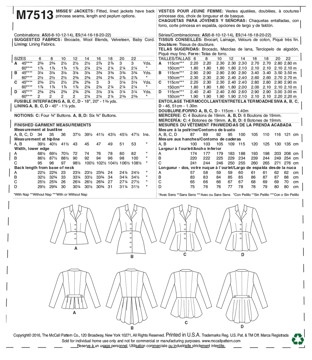 Patron McCall's n°7513 – Vestes à col cranté et basque pour femme