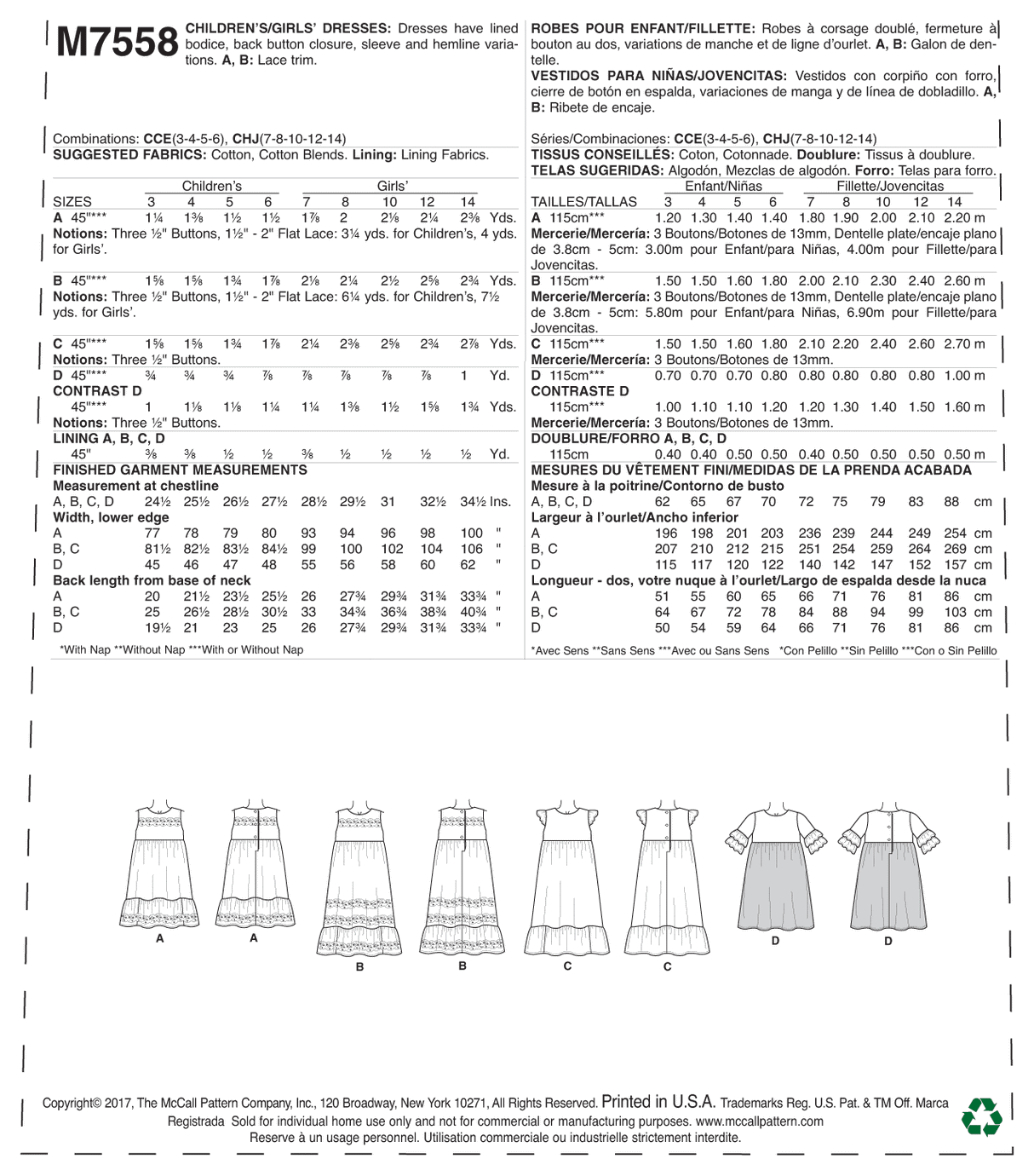 Patron McCall's n°7558 - Robes pour enfants