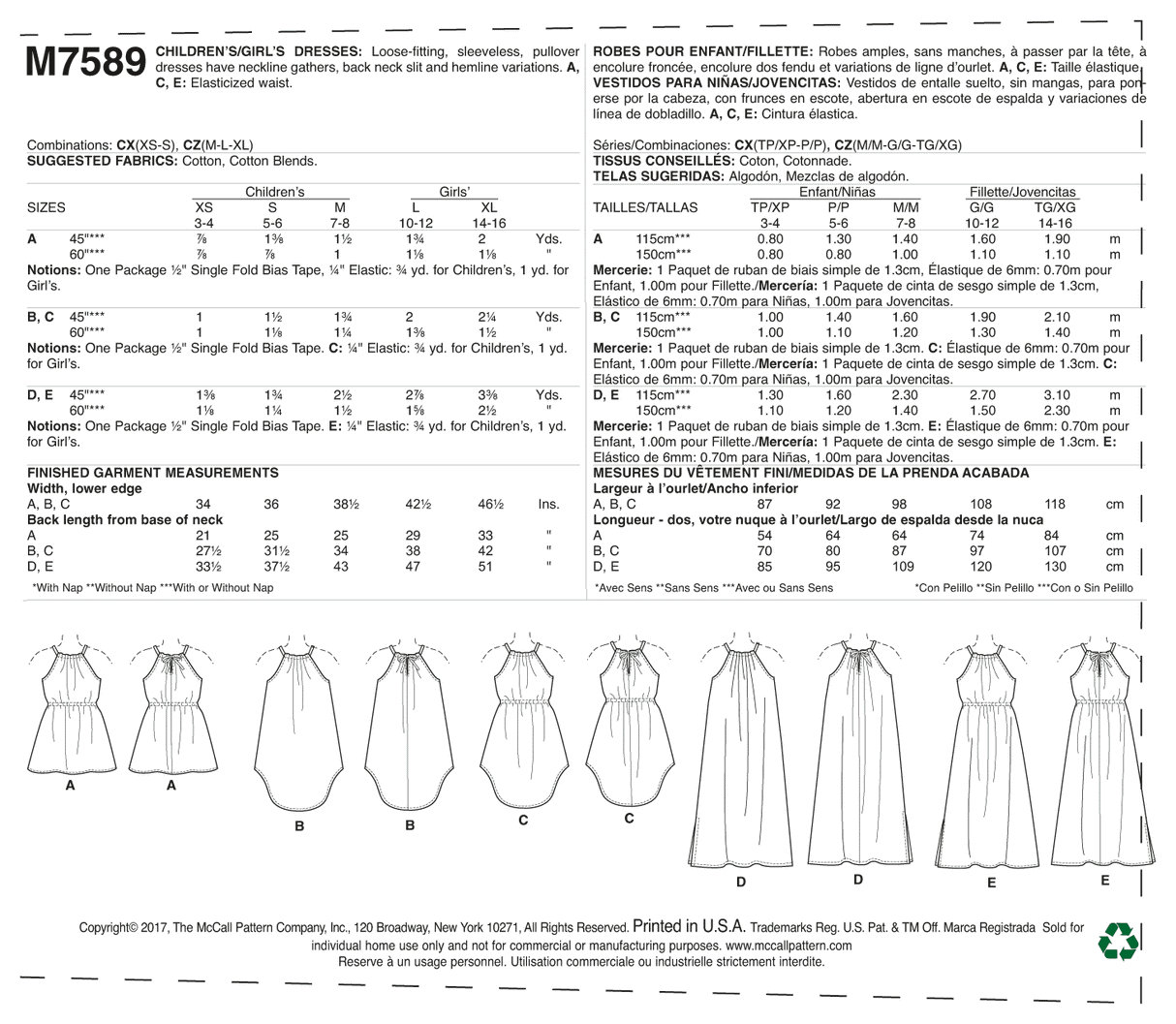 Patron McCall's n°7589 - Robe sans manches pour enfants