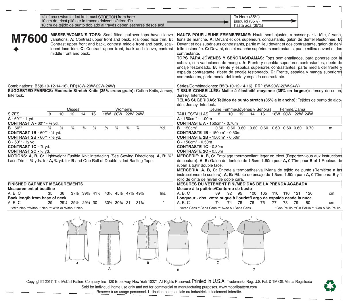 Patron McCall's n°7600 - Hauts à enfiler avec variations de manches