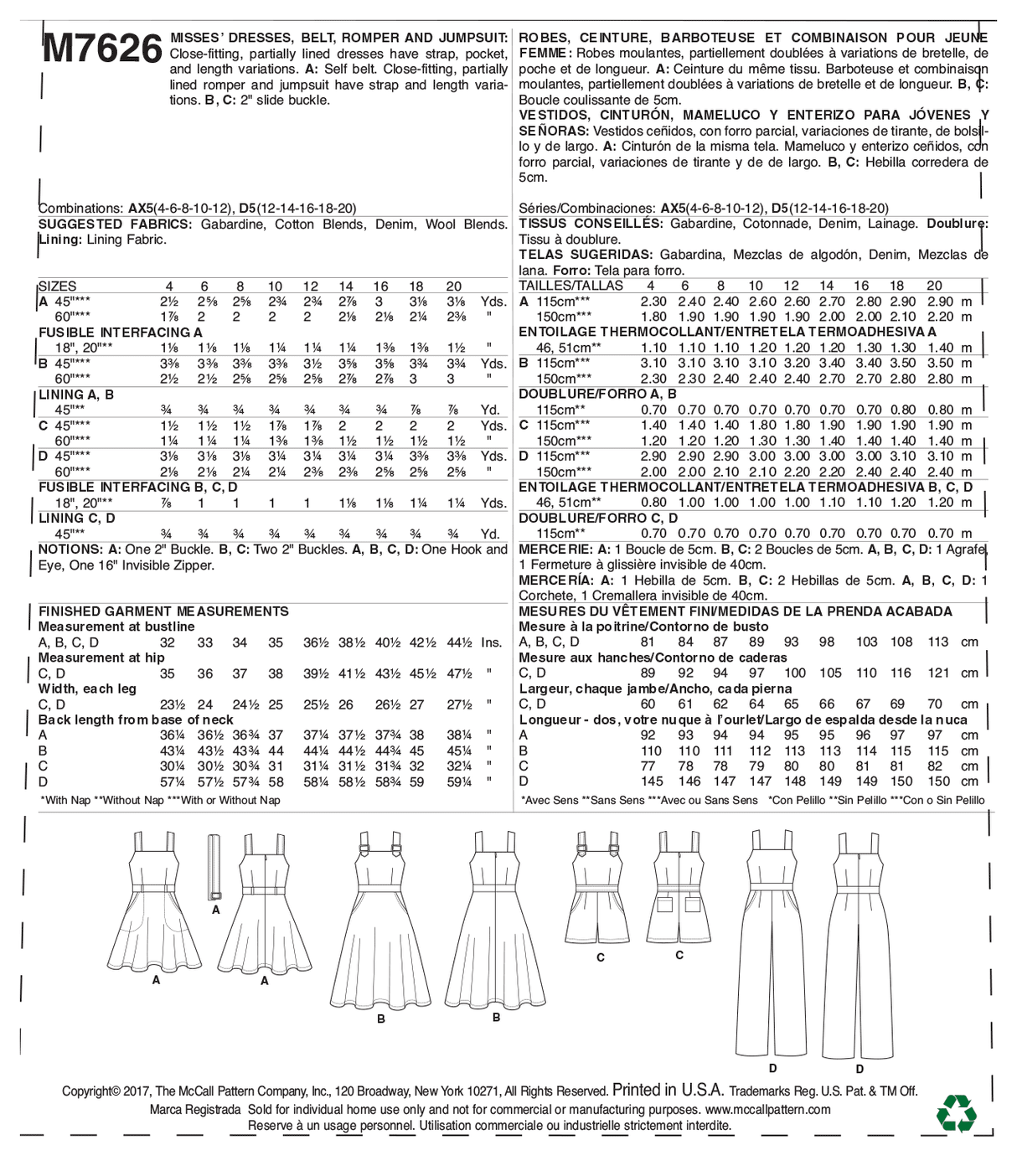 Patron McCall's n°7626 - Robes, barboteuse et combinaison avec poches