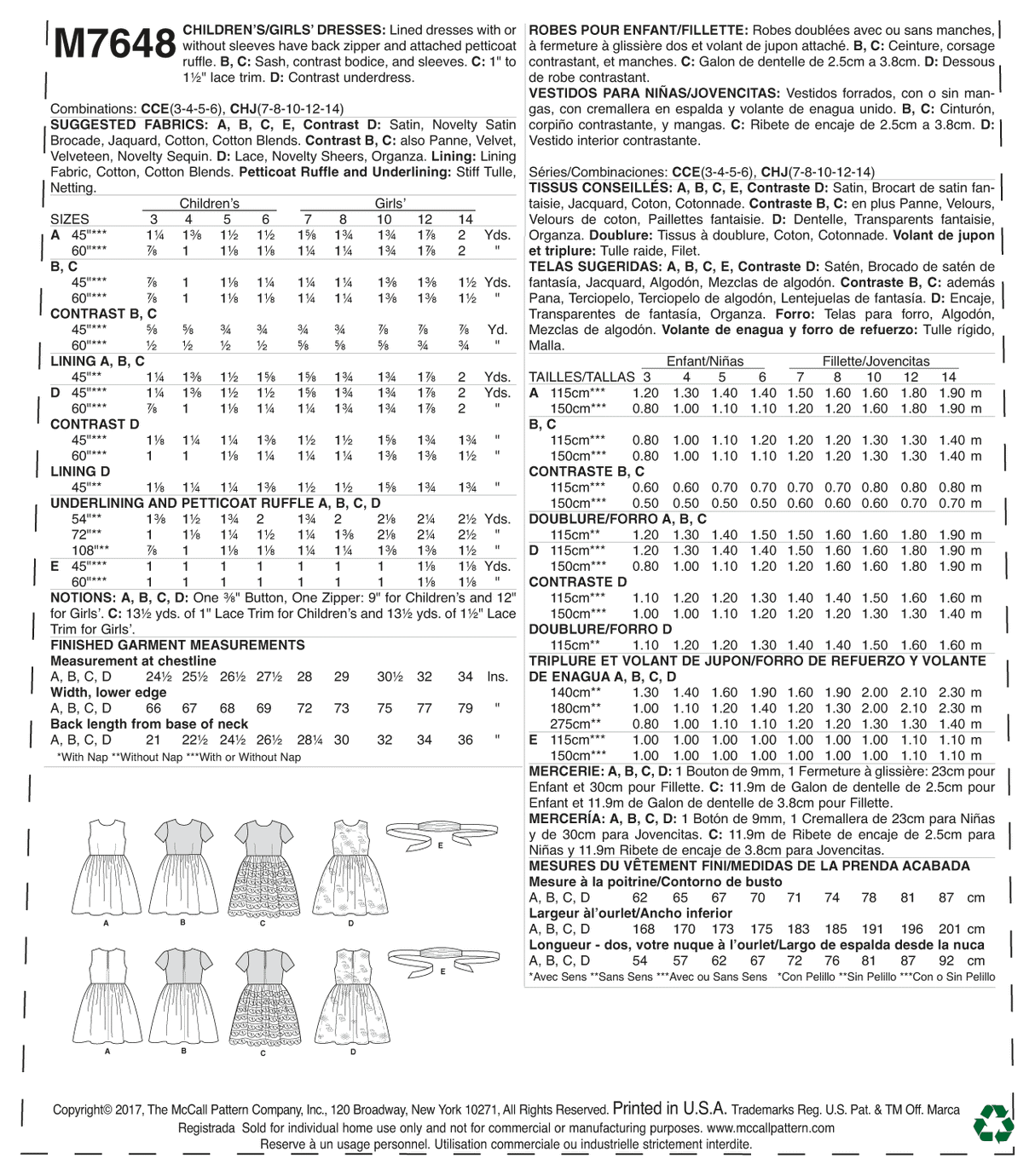 Patron McCall's n°7648 - Robes évasées pour enfants avec jupon et ceinture