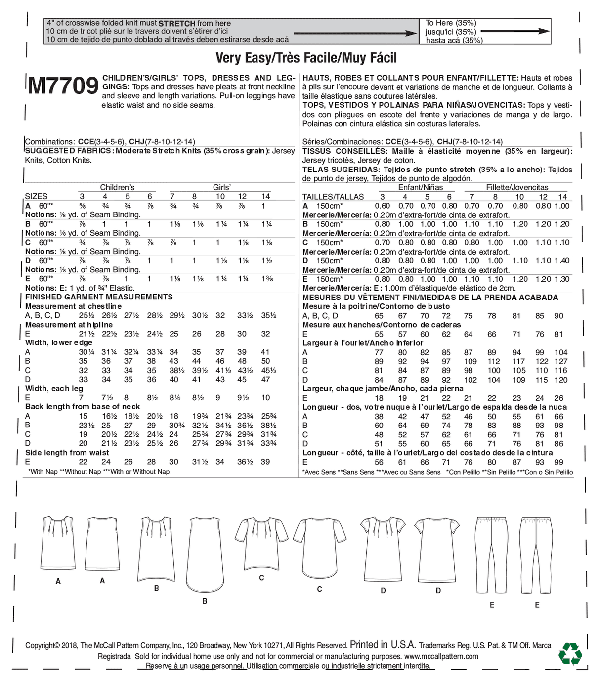 Patron McCall's n°7709 - Hauts, robes et leggings pour enfants