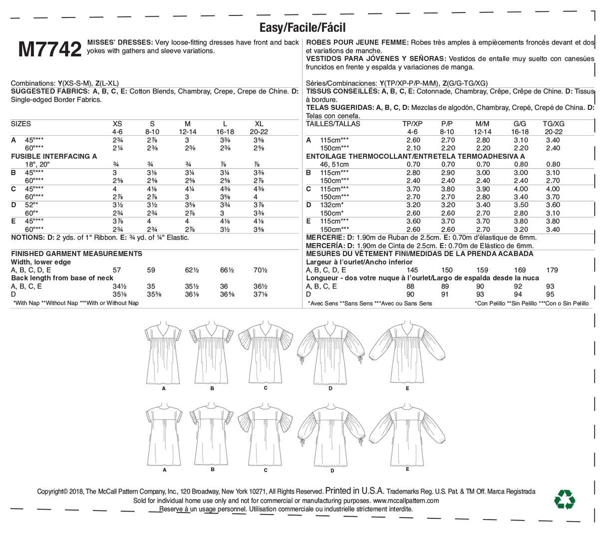 Patron McCall's n°7742 - Robes amples pour femmes