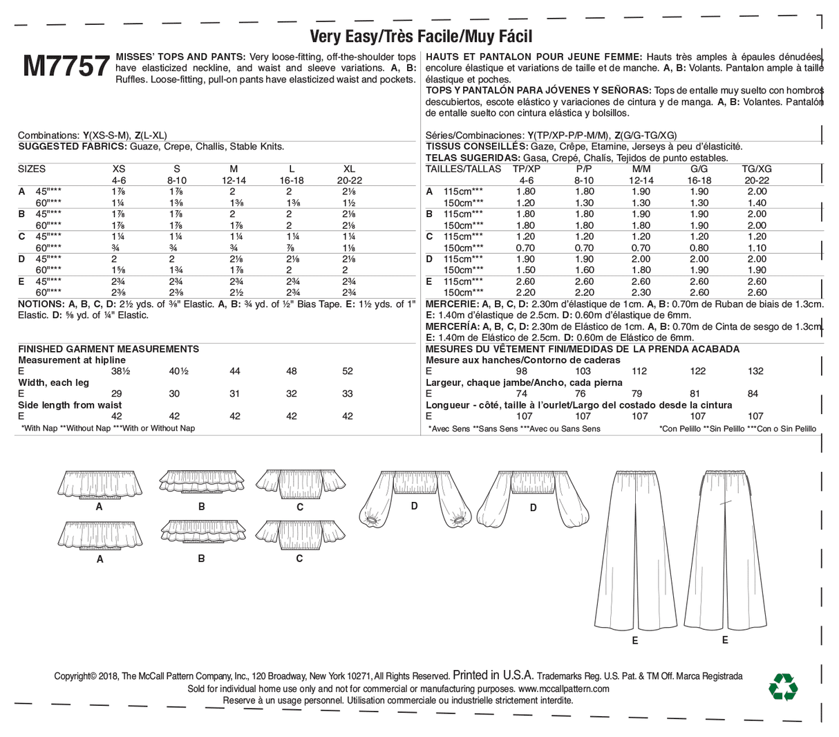 Patron McCall's n°7757 - Hauts à épaules dénudées et pantalons