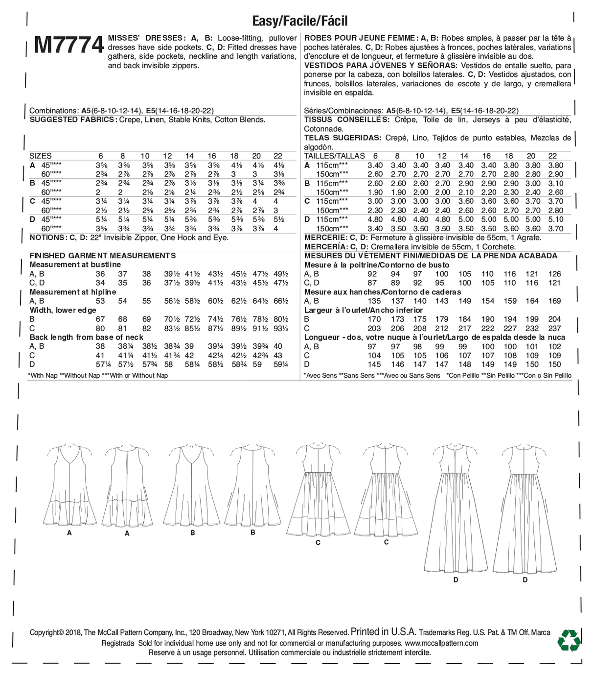 Patron McCall's n°7774 - Robes évasées sans manches pour femmes