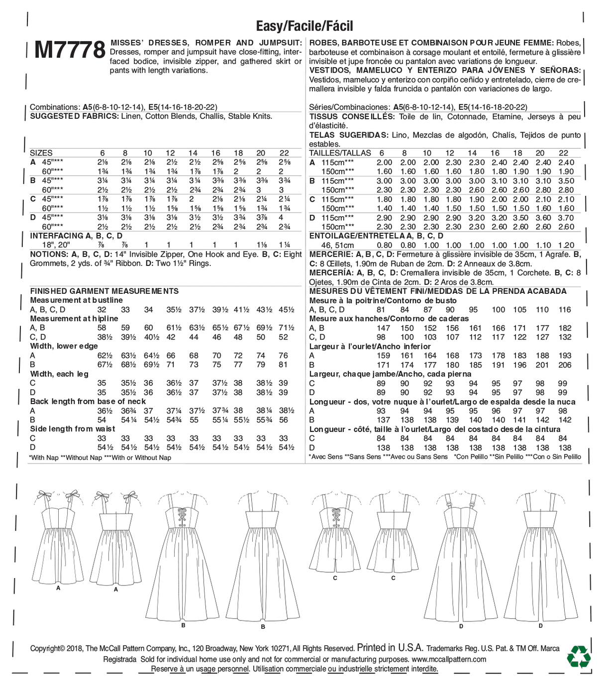Patron McCall's n°7778 - Robes, combinaisons et barboteuses pour femmes