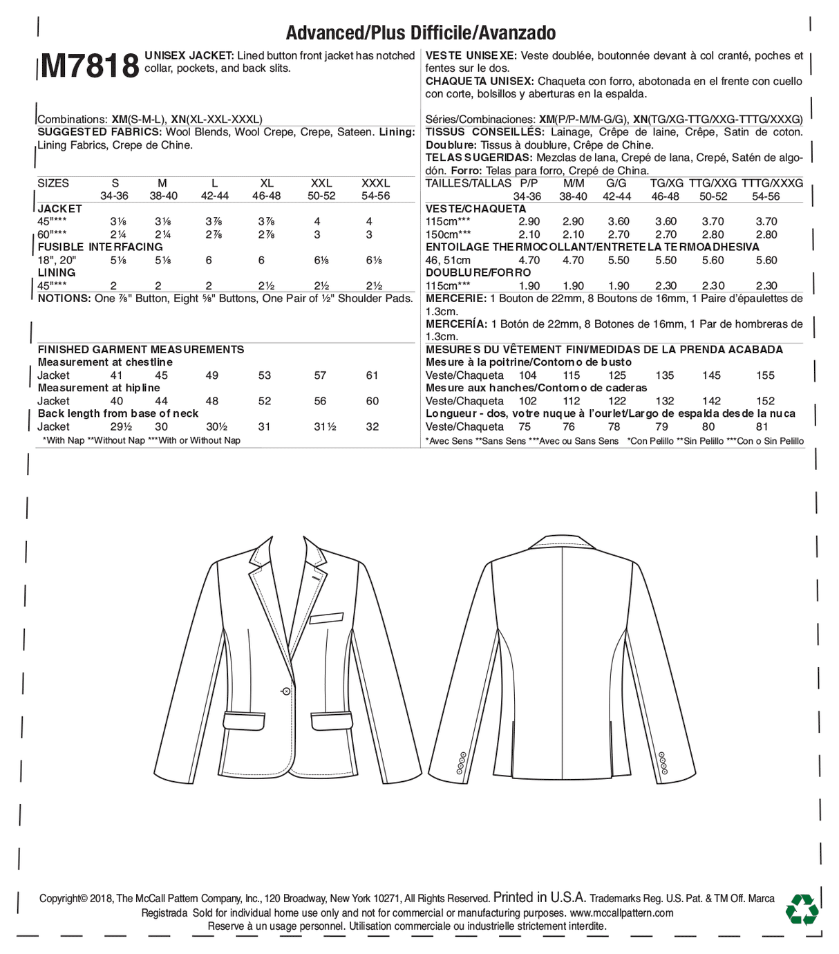 Patron McCall's n°7818 - Veste unisexe
