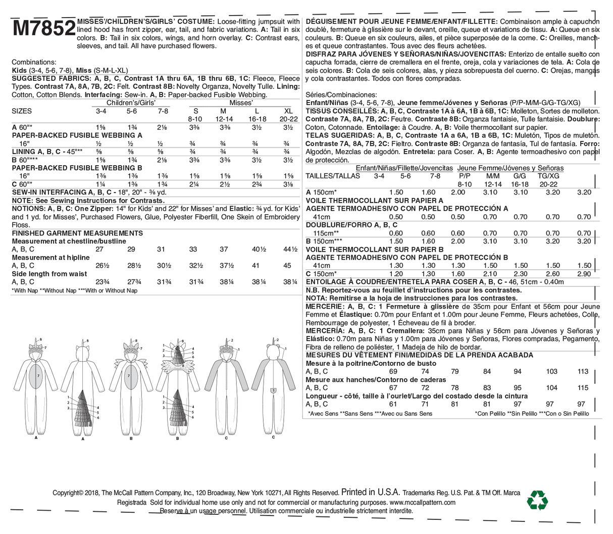 Patron McCall's n°7852 - Combinaison déguisement pour enfants et adultes