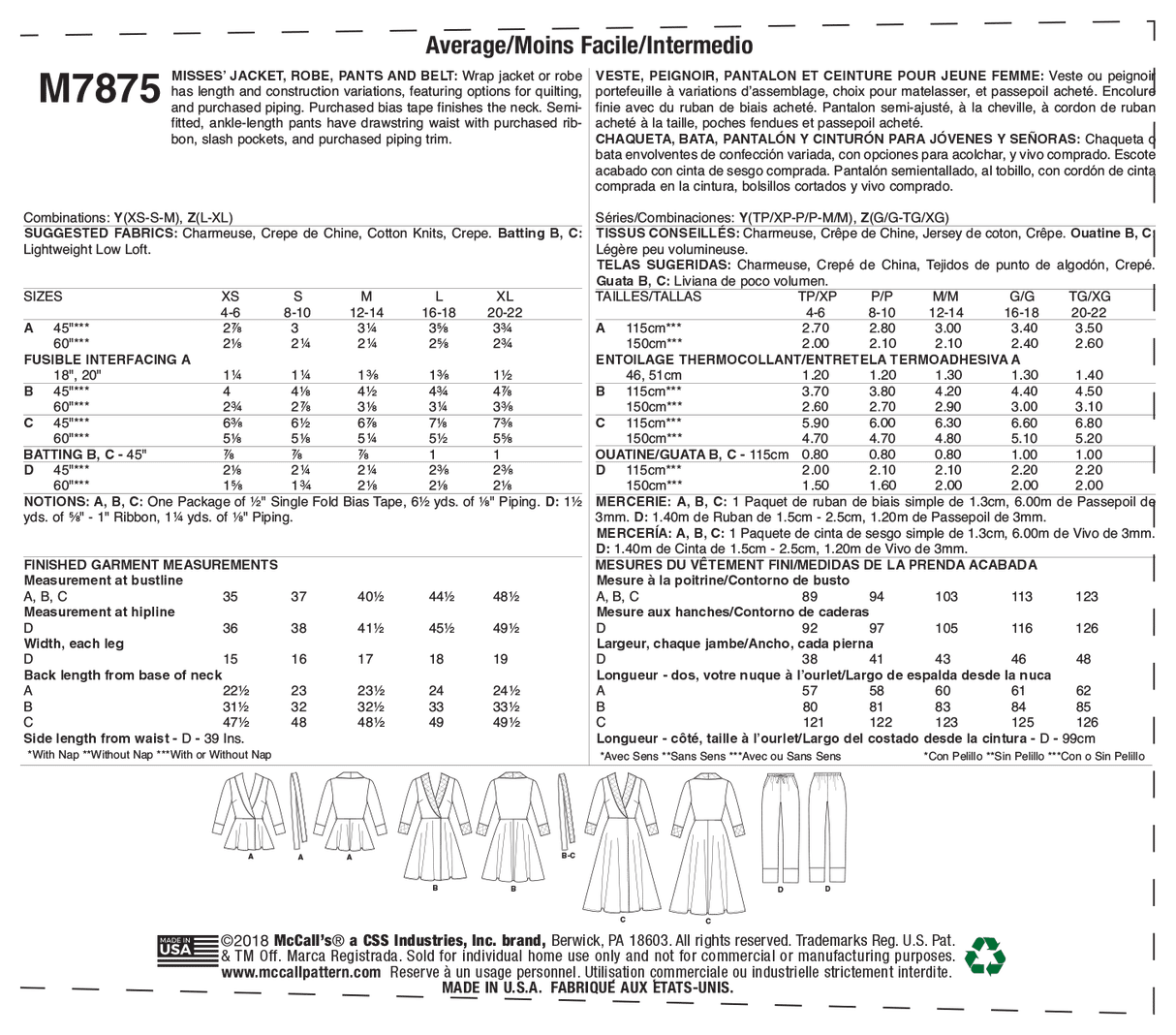 Patron McCall's n°7875 - Veste, peignoir, pantalon et ceinture
