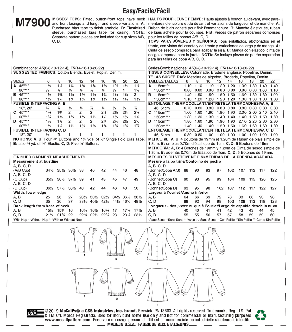 Patron McCall's n°7900 - Hauts ajustés pour femme