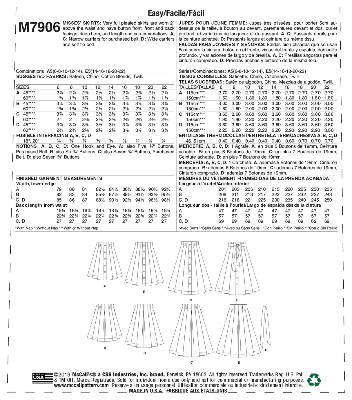 Patron McCall's n°7906 - Jupe plissée boutonnée pour femme