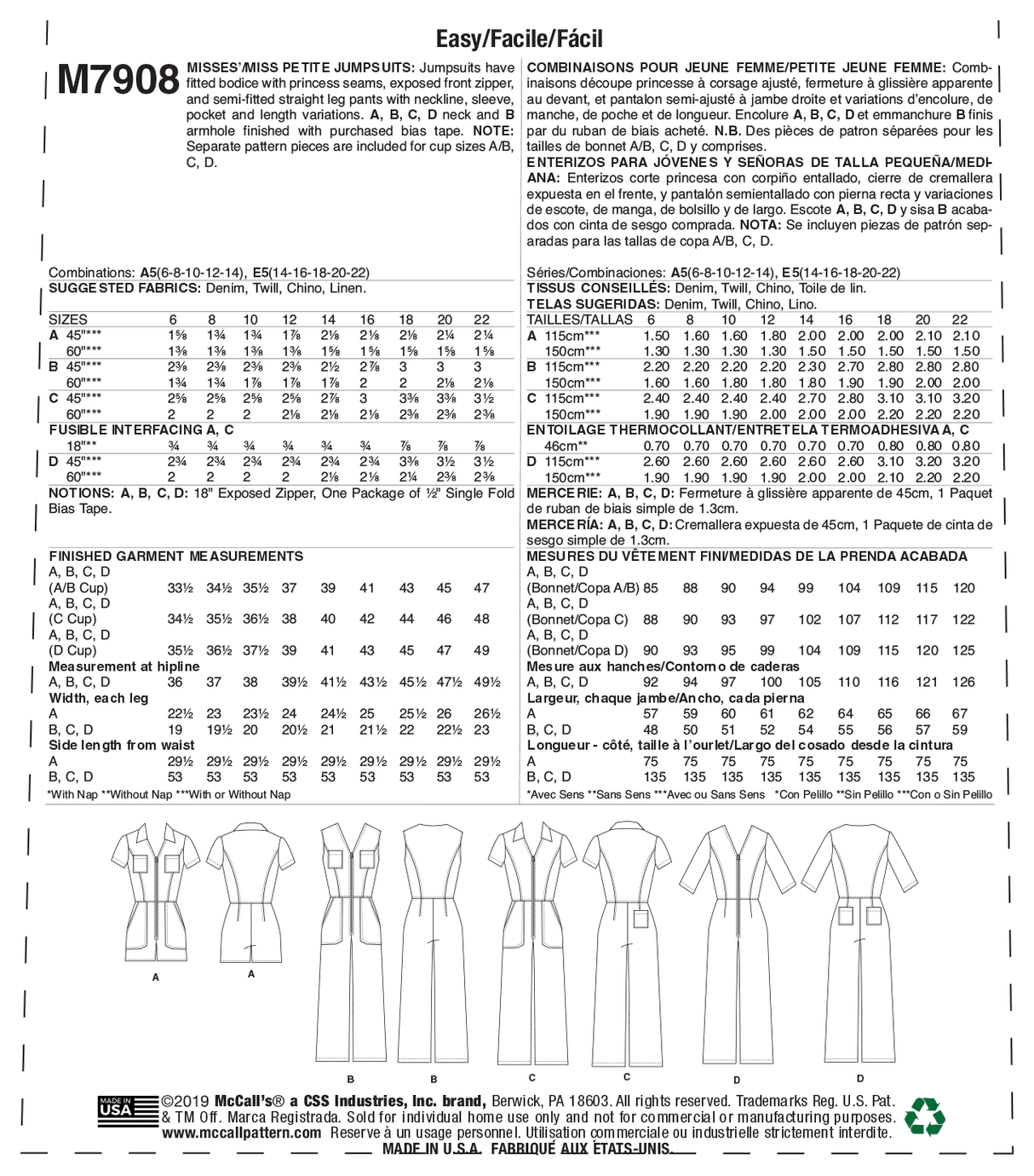 Patron McCall's n°7908 - Combinaison pour femme