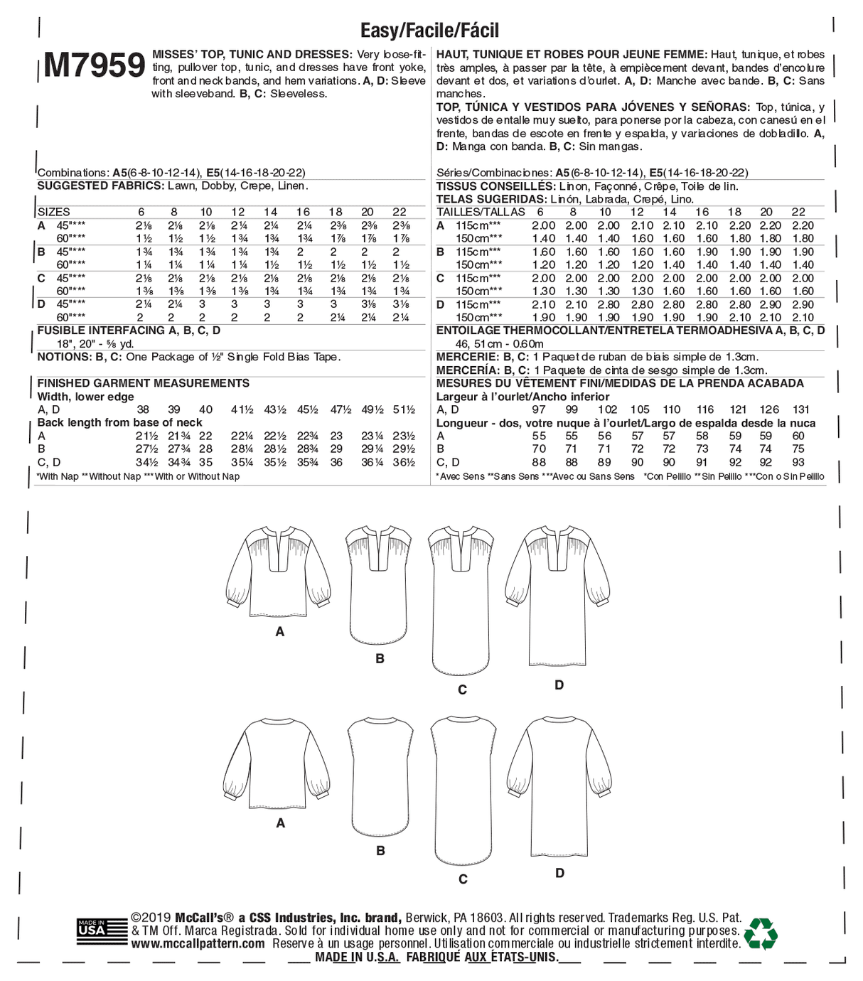 Patron McCall's n°7959 - Hauts, tuniques et robes amples