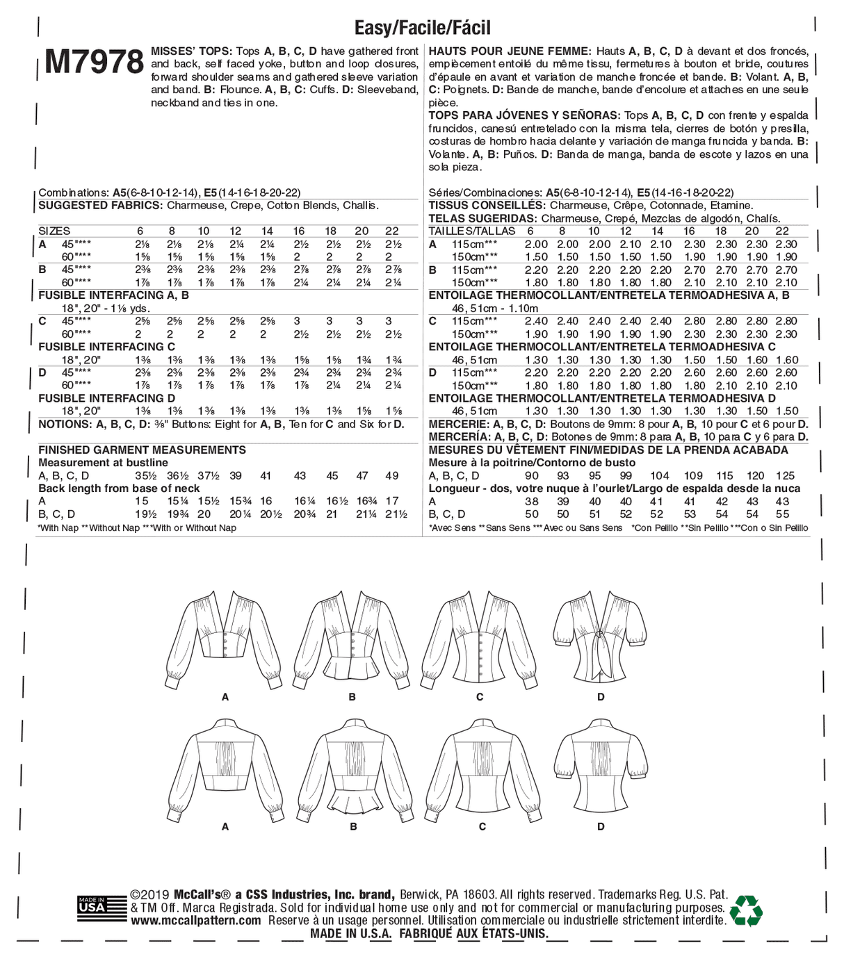 Patron McCall's n°7978 - Hauts élégants et polyvalents