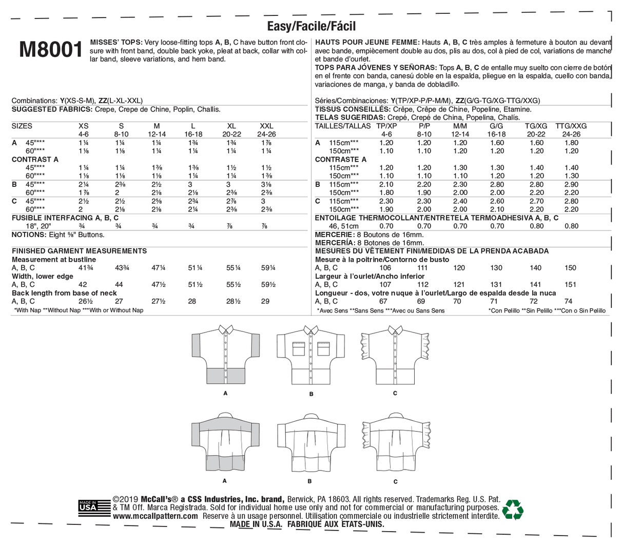 Patron McCall's n°8001 - Chemisier ample et tendance