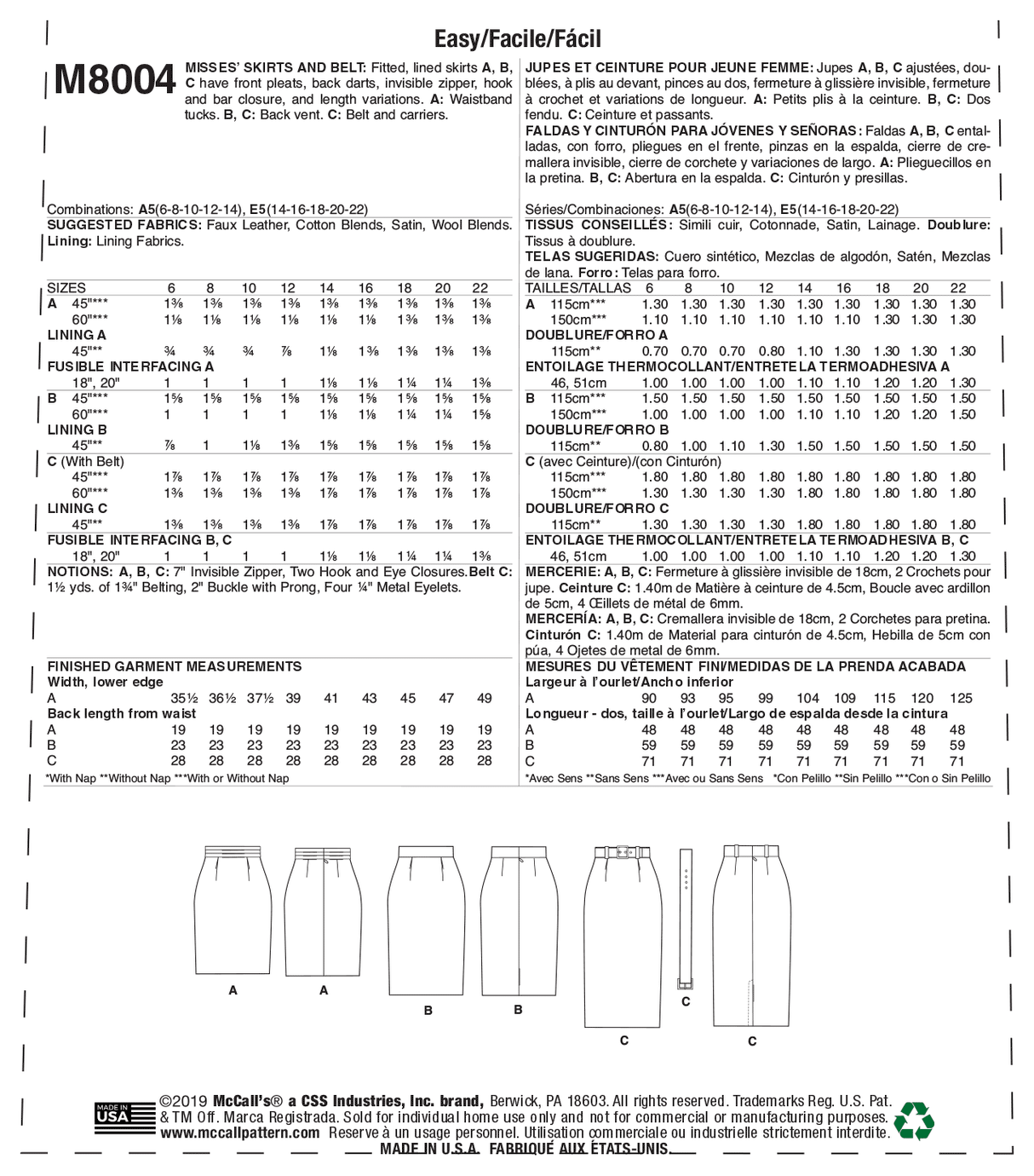 Patron McCall's n°8004 - Jupes ajustées avec variations de ceintures