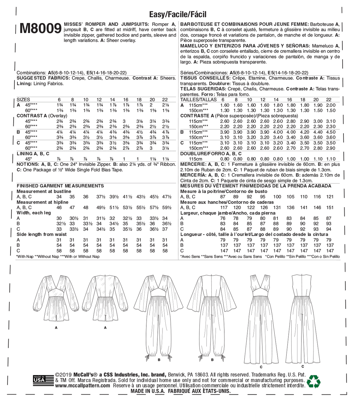 Patron McCall's n°8009 - Barboteuse et combinaisons élégantes