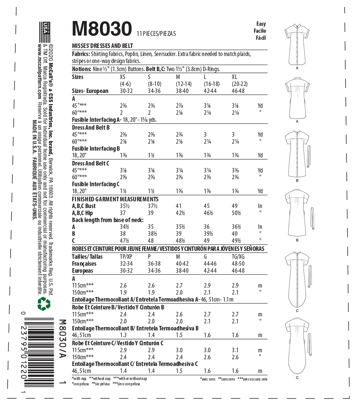 Patron McCall's n°8030 - Robe chemise boutonnée