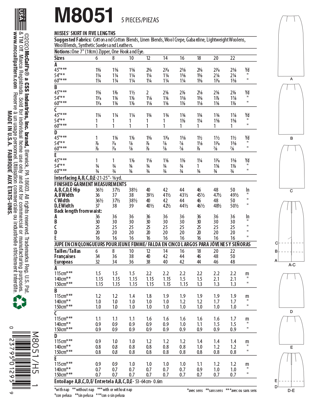 Patron McCall's n°8051 - Jupe crayon en cinq longueurs