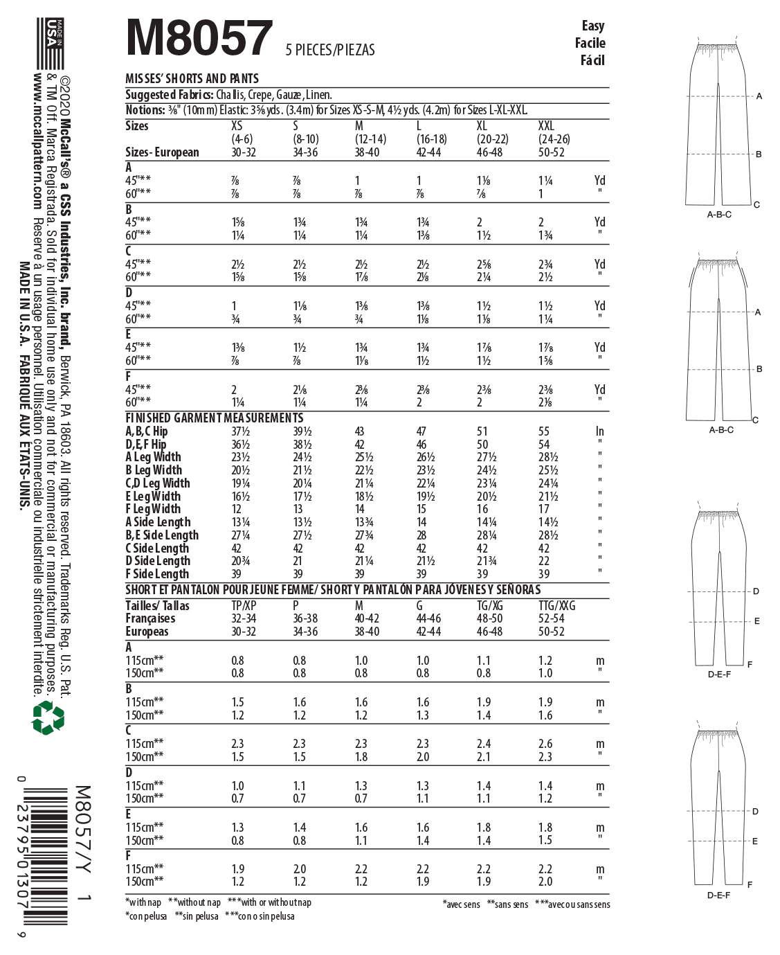 Patron McCall's n°8057 - Pantalons et shorts à taille élastique